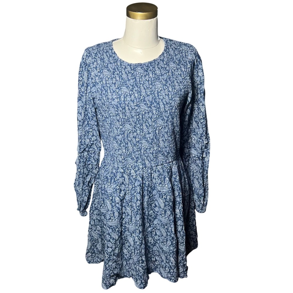 American Eagle Outfitters Blue Paisley Smocked Waist Dress Long Sleeve Women's L